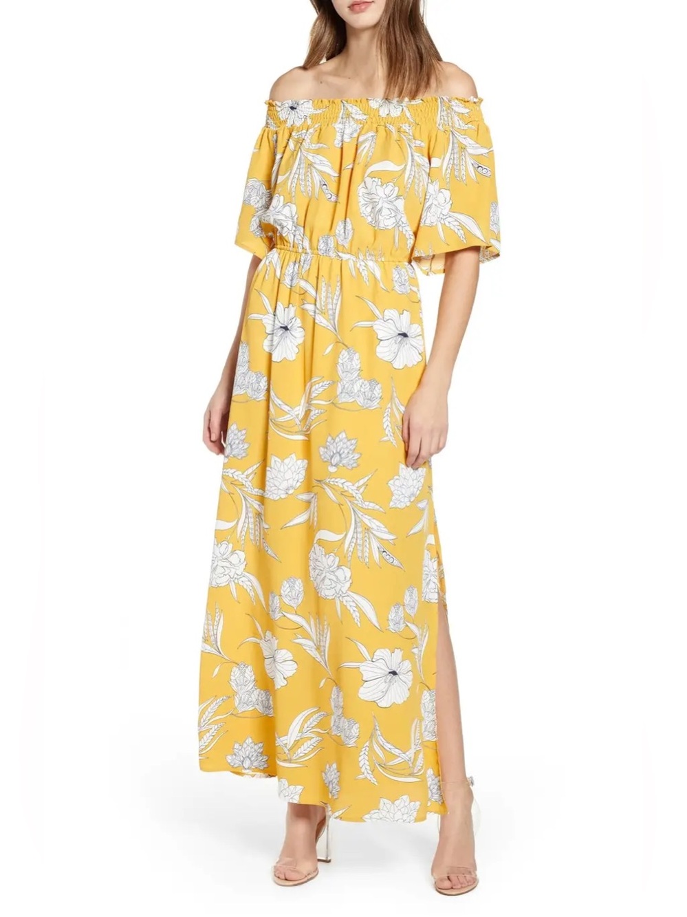 Code Mode NWT XS Mustard Yellow Floral Maxi Dress Off Shoulder Smocked Boho Slit